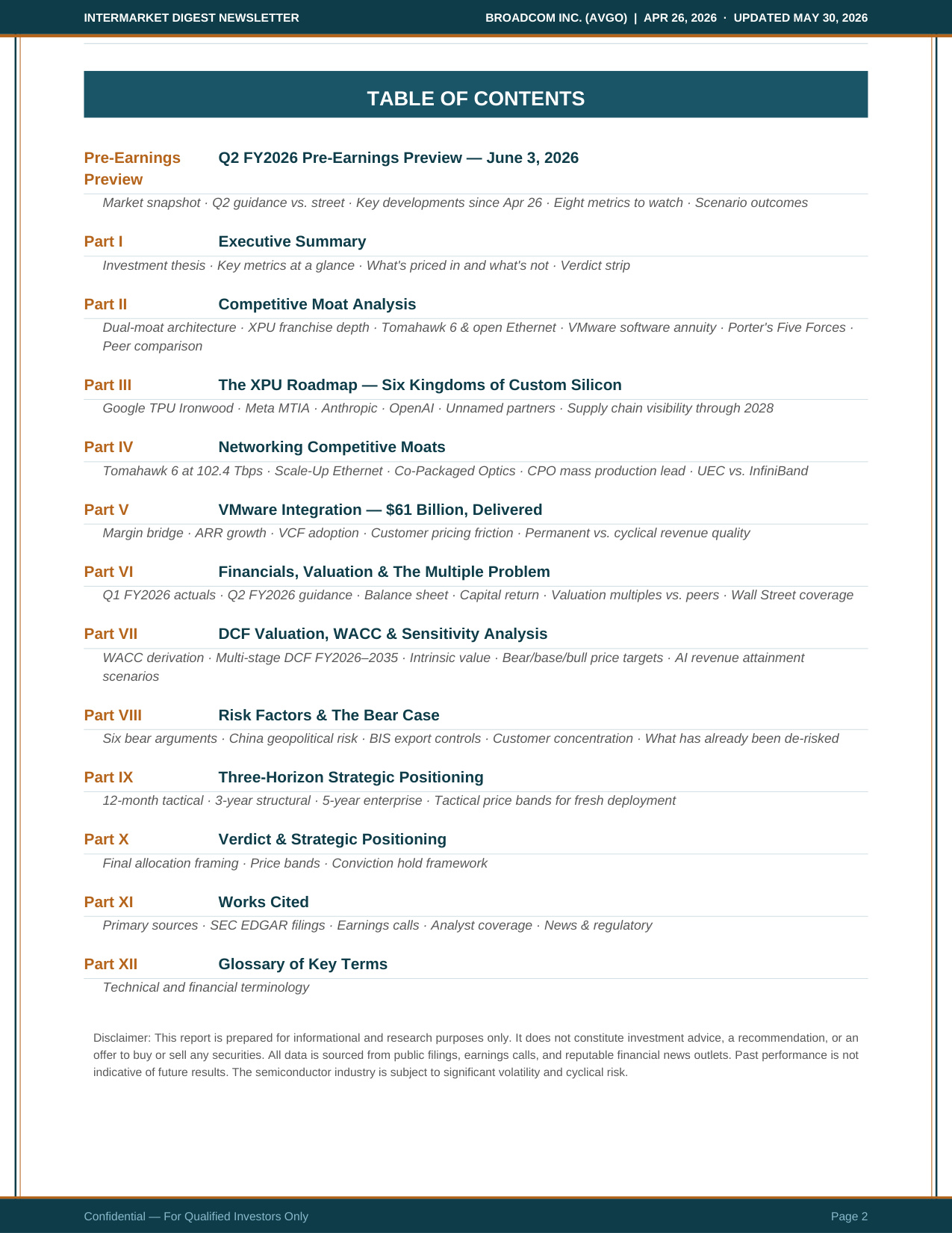 Broadcom Pre-Earnings Update Page 2 — Table of Contents