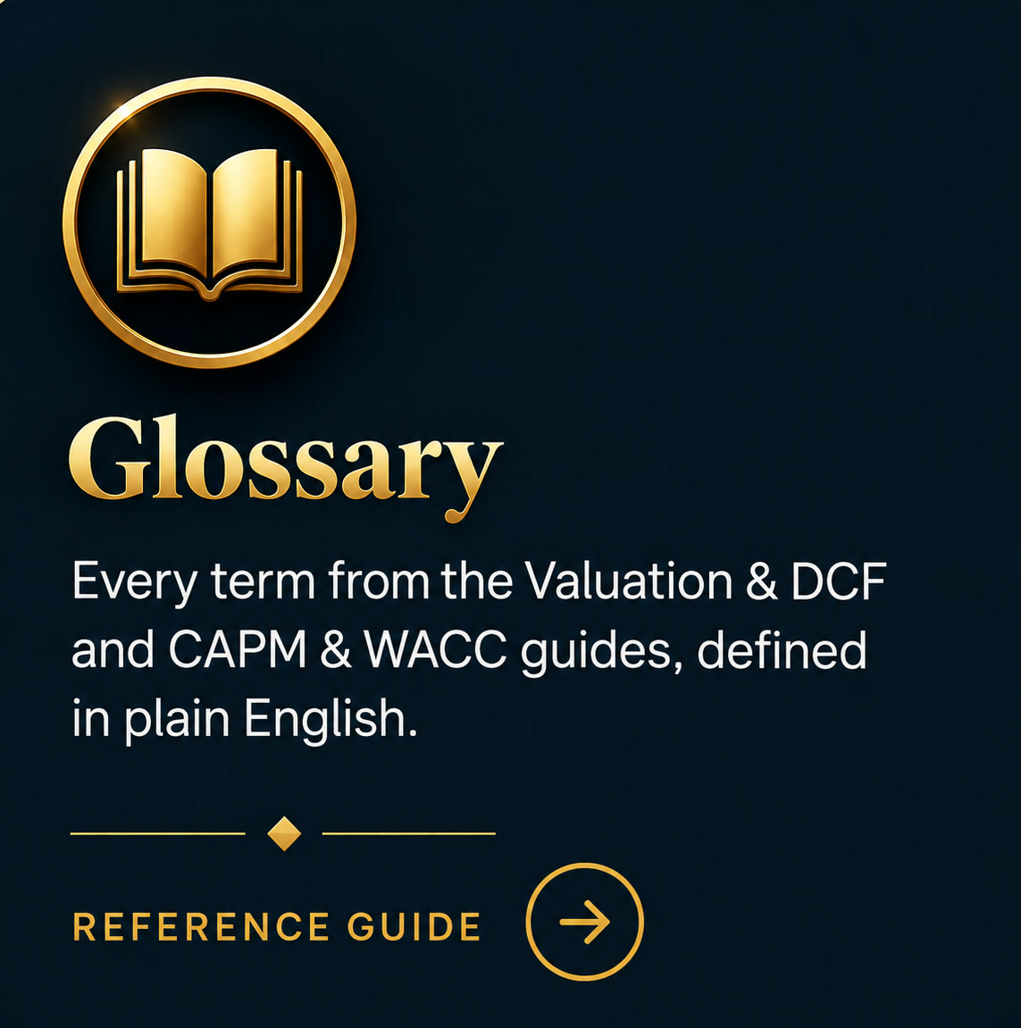 Glossary — Reference Guide. Every term from the Valuation & DCF and CAPM & WACC guides, defined in plain English.