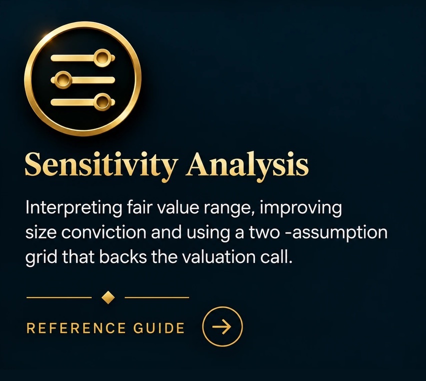 Sensitivity Analysis — Reference Guide. Interpreting fair value range, improving size conviction and using a two-assumption grid that backs the valuation call.