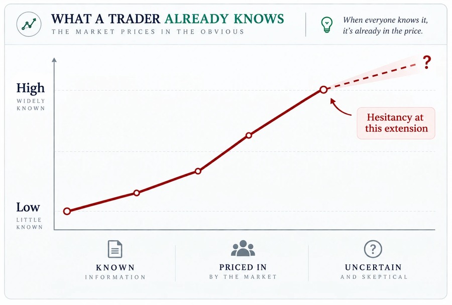 What a Trader Already Knows — the market prices in the obvious; hesitancy sets in at the uncertain extension of a well-known trend.